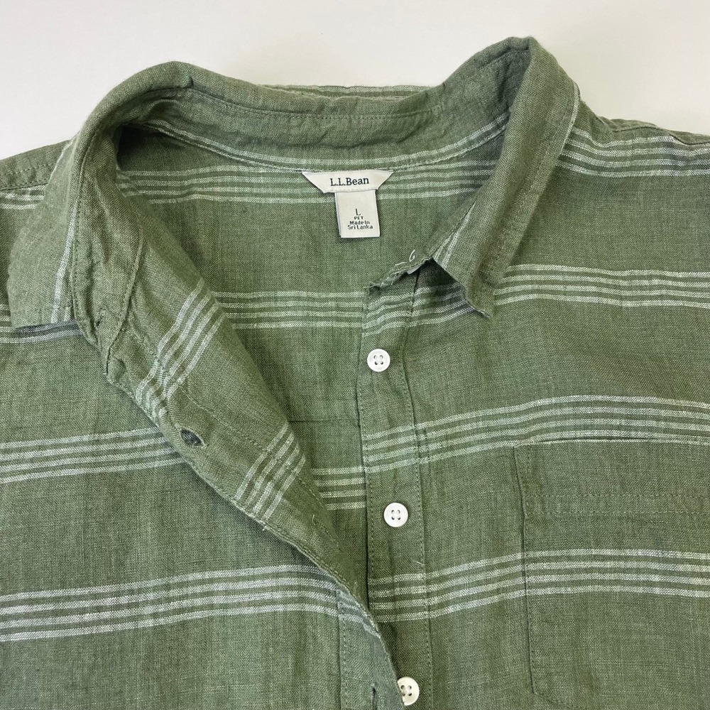 L.L.Bean Green Striped 100% Linen Button Down Shirt Womens Large Petite - Picture 5 of 15